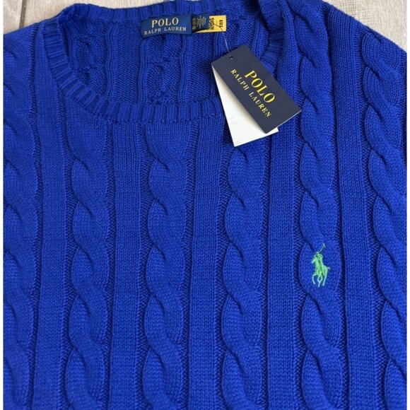 Polo Ralph Lauren XXL ROYAL BLUE CABLE Knit Crew-Neck Sweater GREEN PONY NEW - Picture 9 of 11